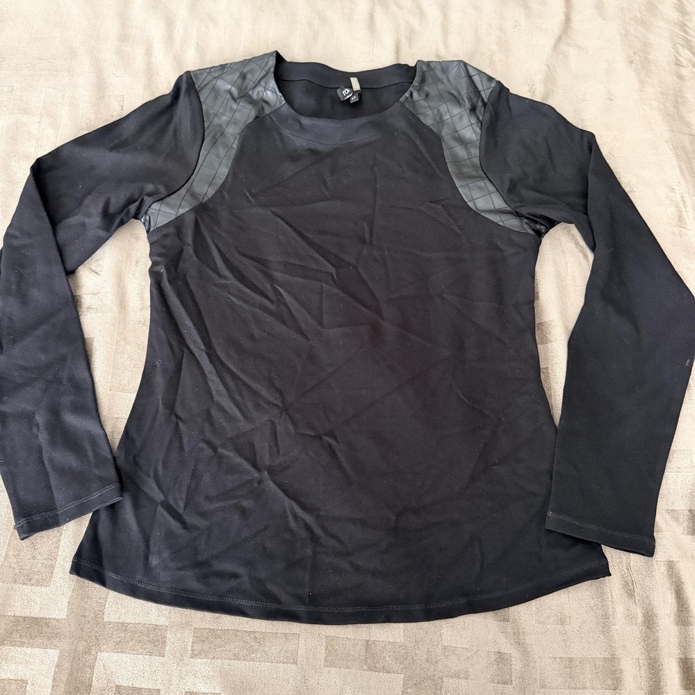 Ravel Shirt Petite S Black Quilted Faux Leather Shoulder Long Sleeve Top Y2K